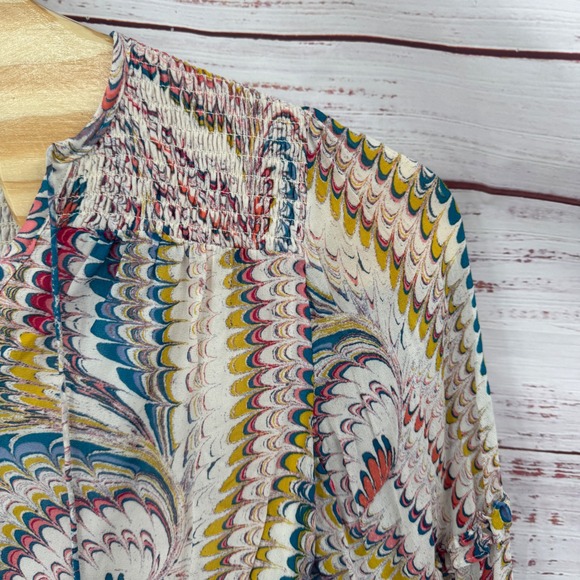 Maeve Anthropologie Shirt Womens Medium Smocked Cropped Blouse Bell Sleeve Swirl - Picture 3 of 13